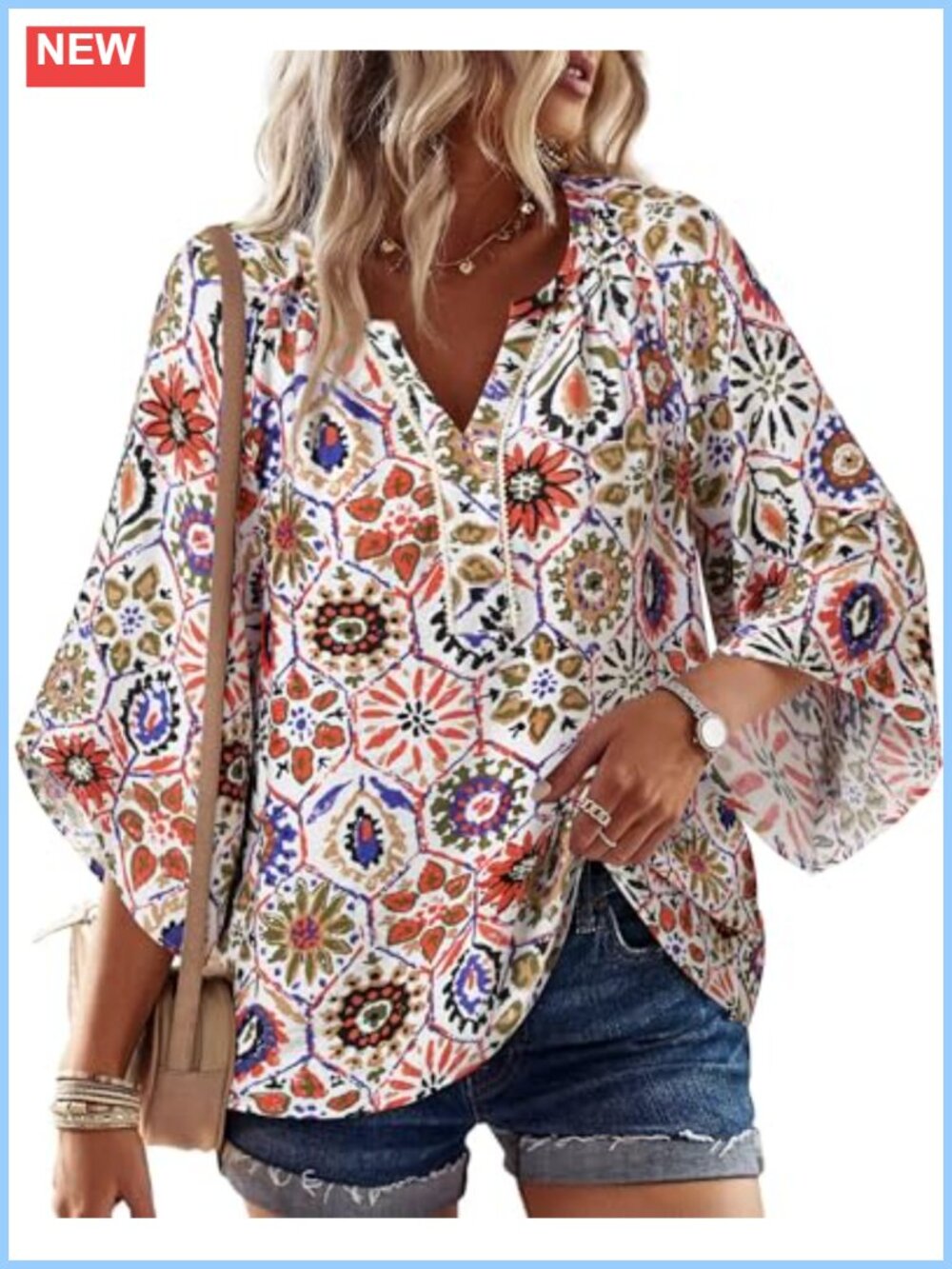 Womens Boho Linen Blouse 3/4 Bell Sleeve V Neck Loose Fit Floral Top